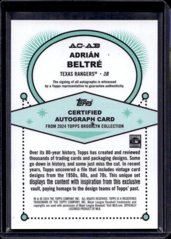 Adrian Beltre 2024 Topps Brooklyn Collection Black Auto /75 Texas Rangers - Image 2