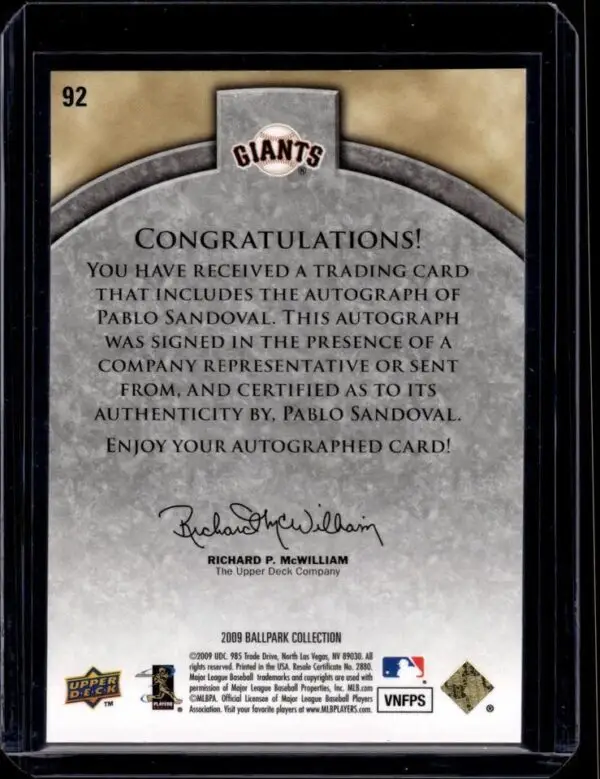 Pablo Sandoval 2009 Upper Deck Ballpark Auto /300 San Francisco Giants 92 - Image 2