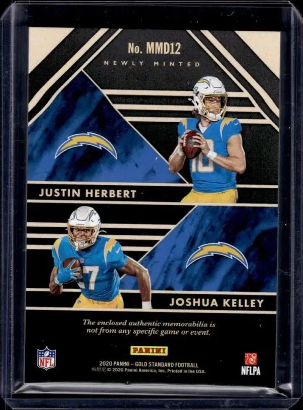 Joshua Kelley Justin Herbert 2020 Gold Standard Relic /249 Los Angeles Chargers - Image 2