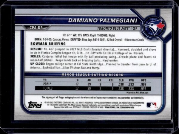 Damiano Palmegiani 2022 Bowman Chrome 1st Green Shimmer Auto /99 Toronto Blue Jays CPA-DP - Image 2