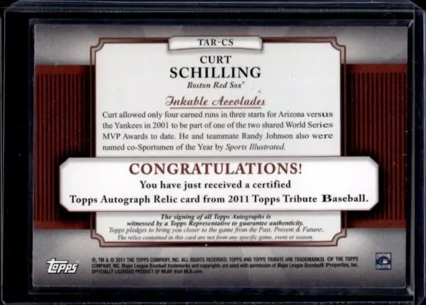 Curt Schilling 2011 Topps Tribute Gold Relic Auto /50 Boston Red Sox TAR-CS - Image 2