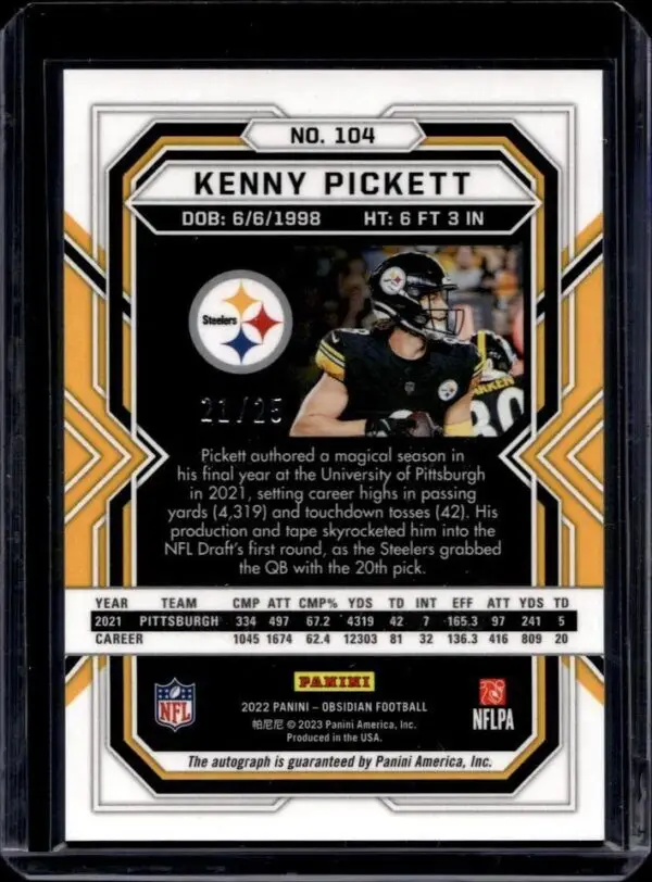 Kenny Pickett 2022 Panini Obsidian RC Yellow Auto /25 Pittsburgh Steelers 104 - Image 2