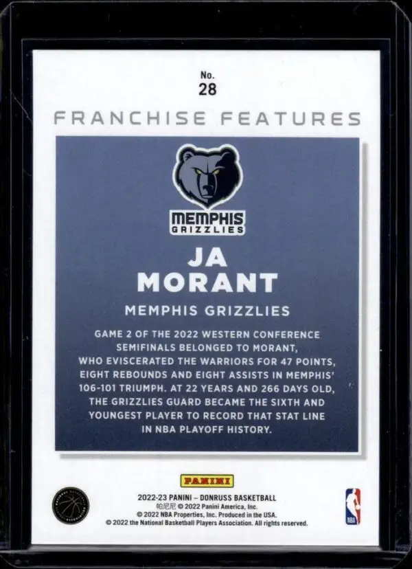 Ja Morant 2022-23 Donruss Franchise Features Yellow /25 Memphis Grizzlies 28 - Image 2