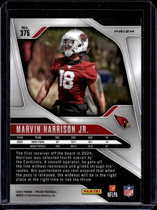 Marvin Harrison Jr. 2024 Panini Prizm Green Wave Rookie Arizona Cardinals 375 - Image 2