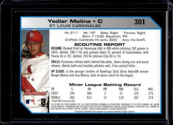 Yadier Molina 2004 Bowman Rookie St. Louis Cardinals 301 - Image 2