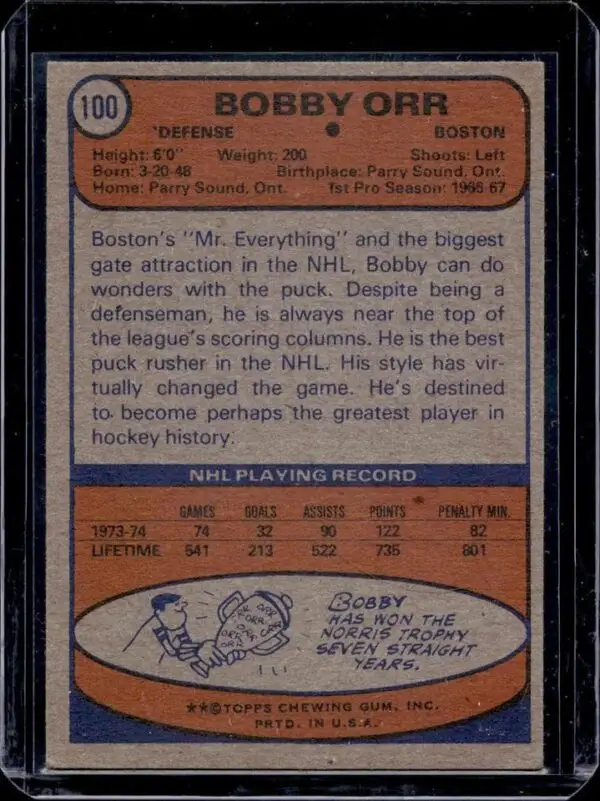 Bobby Orr 1974-75 Topps Boston Bruins 100 - Image 2