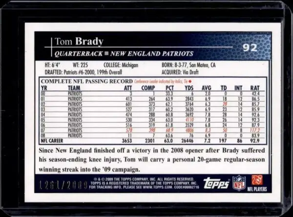 Tom Brady 2009 Topps Kickoff Silver Holofoil /2009 New England Patriots 92 - Image 2