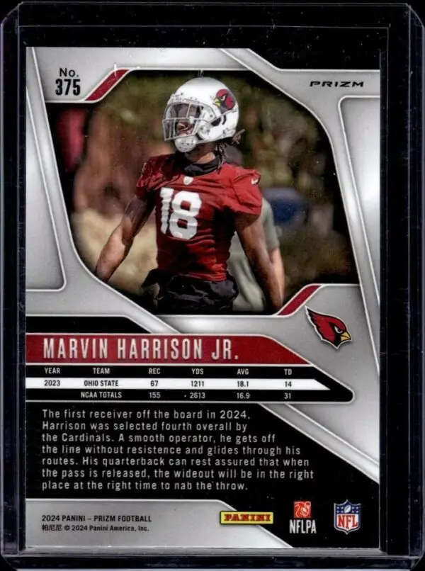 Marvin Harrison Jr. 2024 Panini Prizm Silver Rookie Arizona Cardinals 375 - Image 2