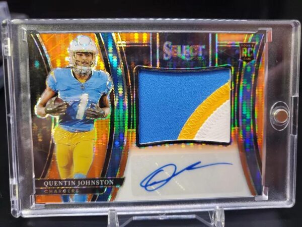 Quentin Johnston 2023 Panini Select Orange Pulsar Patch Auto RC /33 Los Angeles Chargers