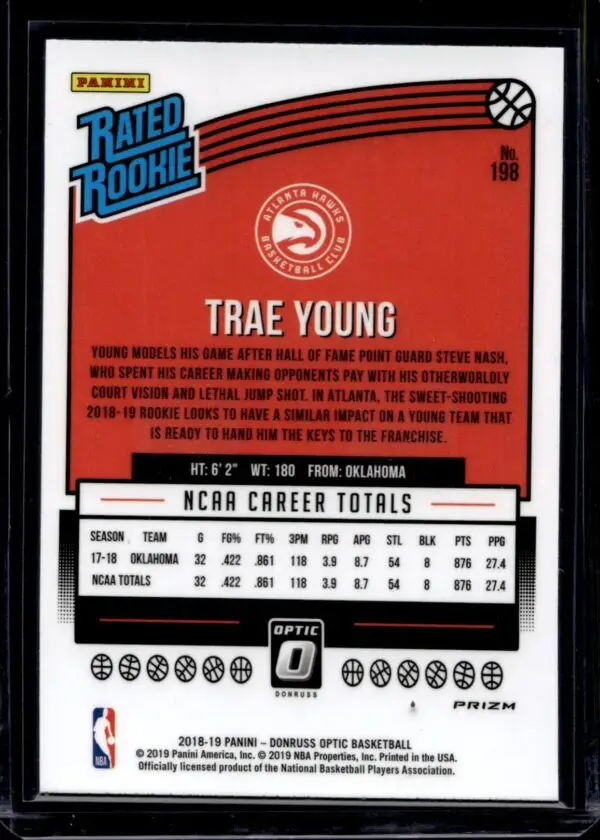 Trae Young 2018-19 Donruss Optic Blue Velocity Rookie Atlanta Hawks 198 - Image 2