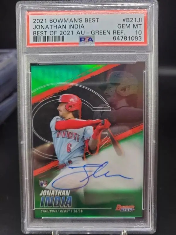 Jonathan India 2021 Bowman's Best Green Auto /99 Cincinnati Reds B21-JI PSA 10