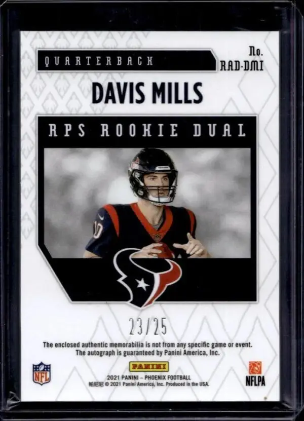 Davis Mills 2021 Panini Phoenix Green Auto /25 Houston Texans RAD-DMI - Image 2