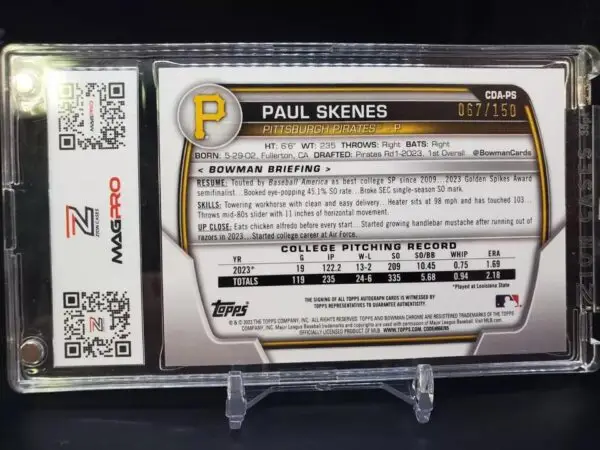 Paul Skenes 2023 Bowman Draft 1st Blue Wave Auto /150 Pittsburgh Pirates CDA-PS - Image 2