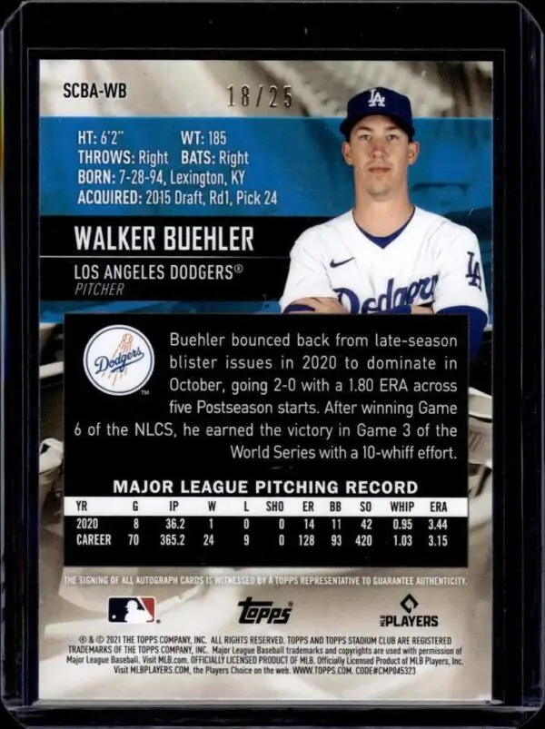 Walker Buehler 2021 Stadium Club Black Foil Auto /25 Los Angeles Dodgers SCBA-WB - Image 2