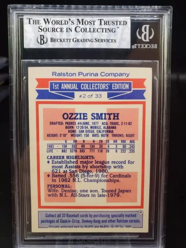 Ozzie Smith Signed 1984 Topps Purina Card St. Louis Cardinals 2 BGS Authentic - Image 2