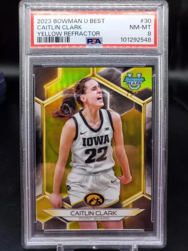 Caitlin Clark 2023-24 Bowman U Best Yellow Refractor /75 Iowa Hawkeyes 30 PSA 8