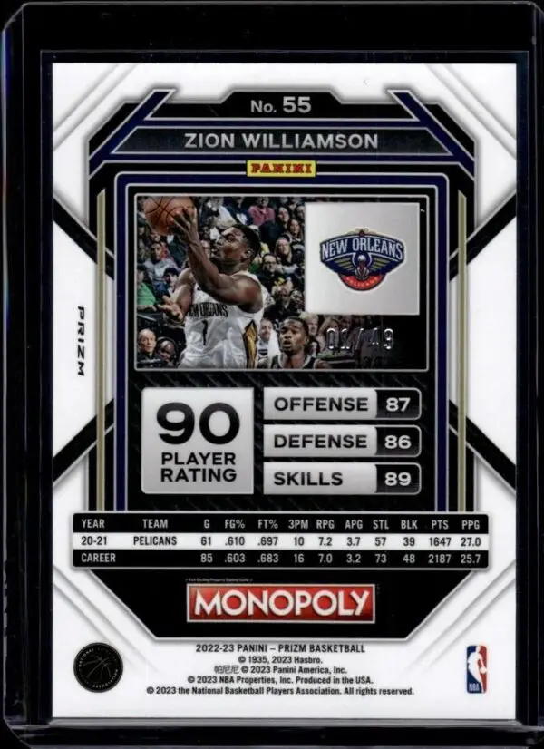 Zion Williamson 2022-23 Panini Prizm Monopoly Gold 01/49 New Orleans Pelicans 55 - Image 2