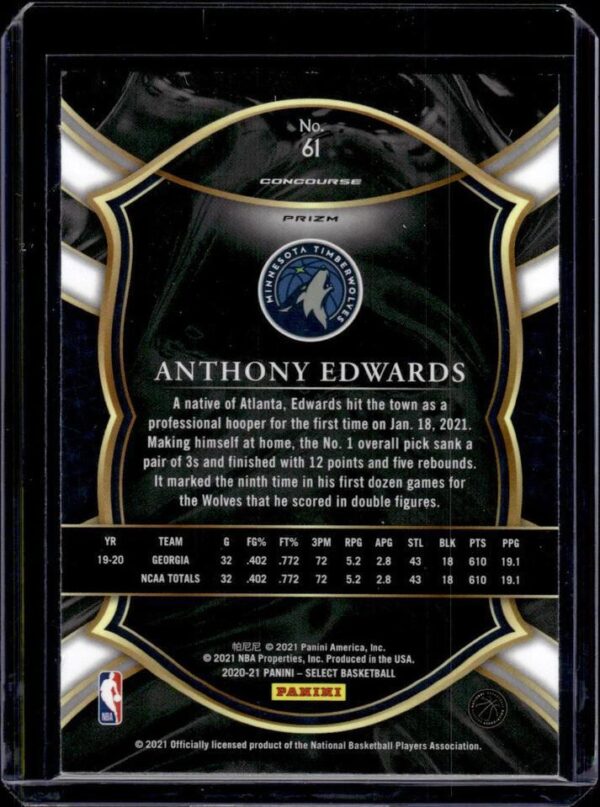 Anthony Edwards 2020-21 Panini Select Tri-Color Prizm RC Minnesota Timberwolves - Image 2