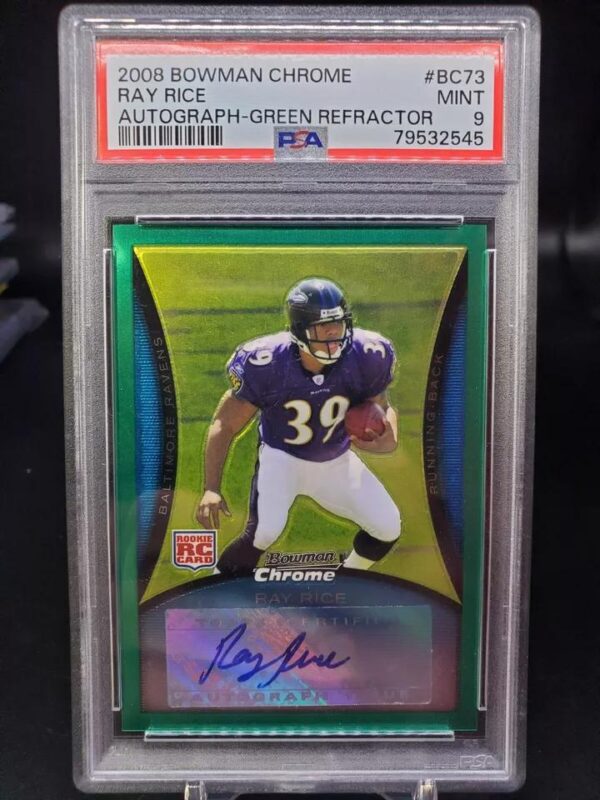 Ray Rice 2008 Bowman Chrome Green Refractor Auto /150 Baltimore Ravens BC73 PSA 9