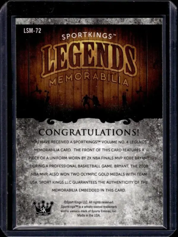 Kobe Bryant 2021 Sportkings Volume 4 Legends Relic Los Angeles Lakers LSM-72 - Image 2