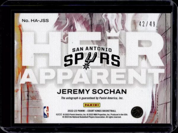 Jeremy Sochan 2022-23 Panini Court Kings Heir Apparent Violet Auto /49 San Antonio Spurs - Image 2