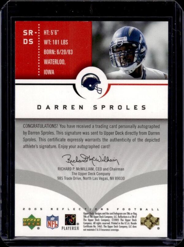 Darren Sproles 2005 Upper Deck Reflections Red Auto San Diego Chargers SR-DS - Image 2