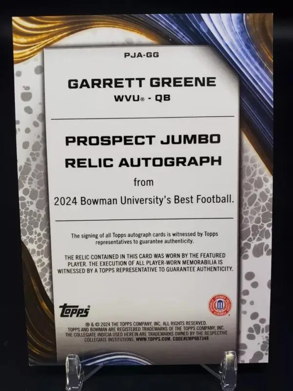 Garrett Greene 2024 Bowman U Best Jumbo Relic Auto /99 West Virginia Mountaineers PJA-GG - Image 2