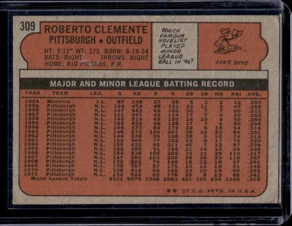 Roberto Clemente 1972 Topps Pittsburgh Pirates 309 - Image 2