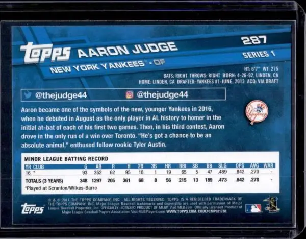 Aaron Judge 2017 Topps Rookie New York Yankees 287 - Image 2