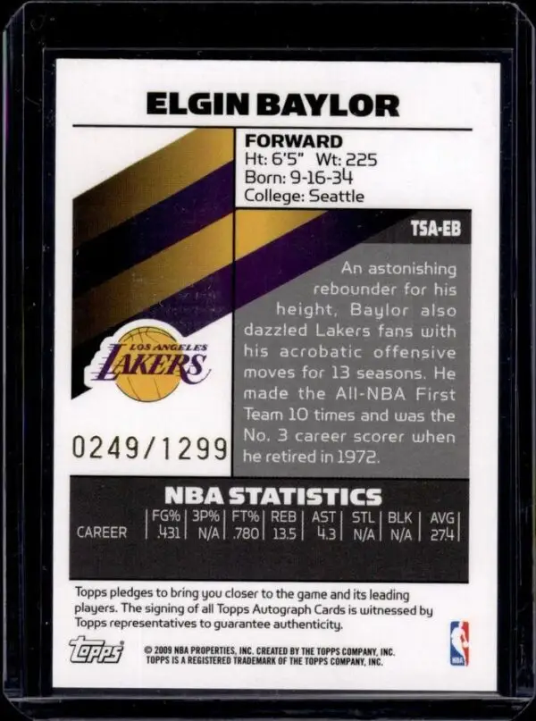 Elgin Baylor 2008-09 Topps Signature Auto /1299 Los Angeles Lakers TSA-EB - Image 2