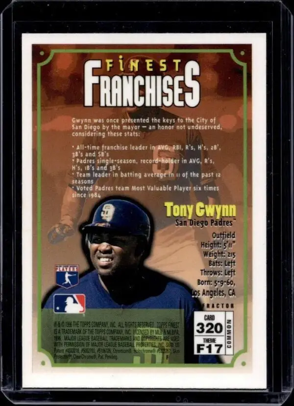 Tony Gwynn 1996 Finest Refractor W/ Coating San Diego Padres 320 - Image 2