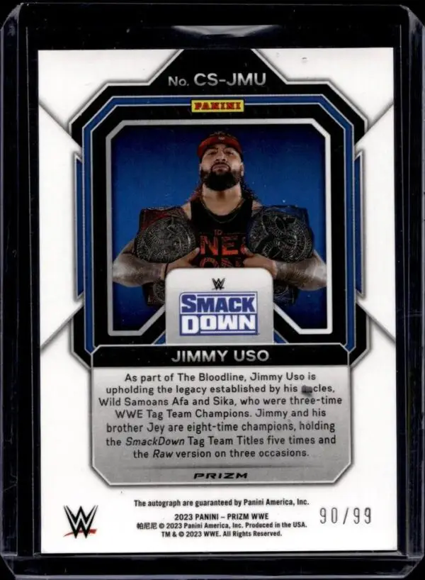 Jimmy Uso 2023 Panini Prizm WWE Champion Signatures Red Auto /99 CS-JMU - Image 2