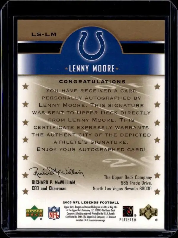 Lenny Moore 2005 Upper Deck Legends Legendary Auto Baltimore Colts LS-LM - Image 2