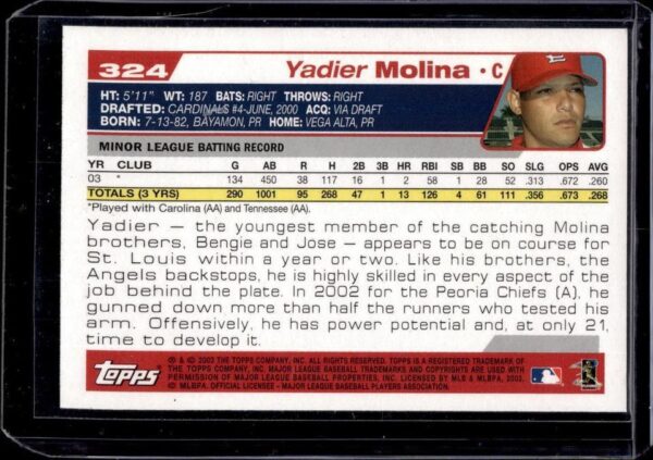 Yadier Molina 2004 Topps Rookie St. Louis Cardinals 324 - Image 2