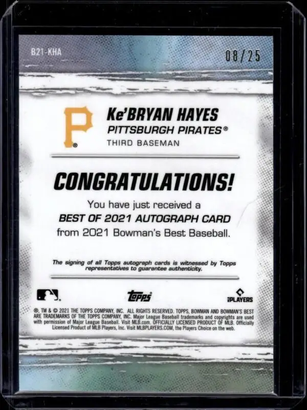 Ke'Bryan Hayes 2021 Bowman's Best Atomic Auto /25 Pittsburgh Pirates B21-KHA - Image 2