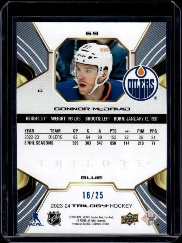 Connor McDavid 2023-24 Upper Deck Trilogy Blue /25 Edmonton Oilers 69 - Image 2