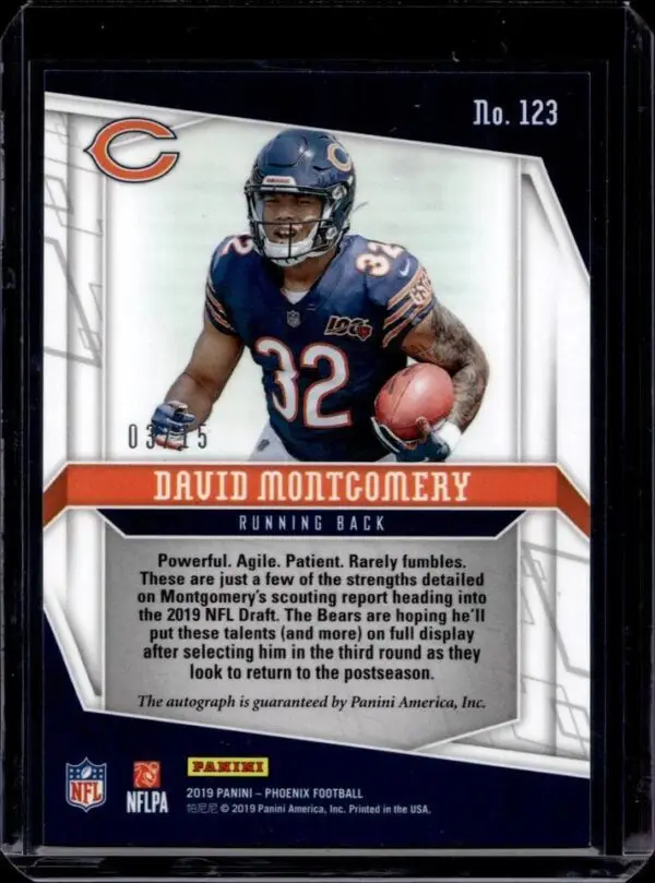 David Montgomery 2019 Panini Phoenix Rookie Blue Auto /15 Chicago Bears 123 - Image 2