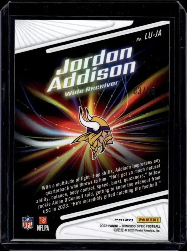 Jordan Addison 2023 Donruss Optic Light It Up! Black /25 RC Minnesota Vikings - Image 2