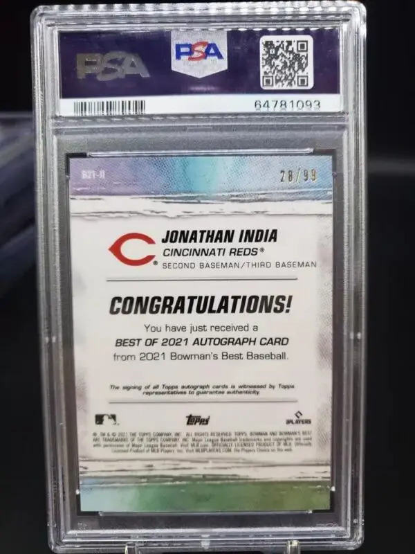 Jonathan India 2021 Bowman's Best Green Auto /99 Cincinnati Reds B21-JI PSA 10 - Image 2