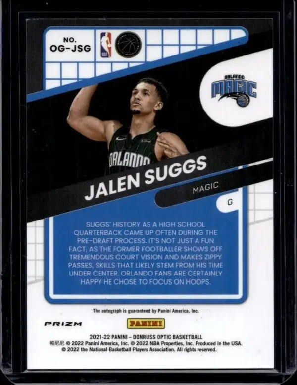 Jalen Suggs 2021-22 Donruss Optic Opti-Graphs Choice Auto Orlando Magic OG-JSG - Image 2