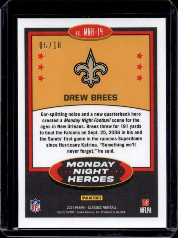 Drew Brees 2021 Panini Classics Monday Night Heroes Orange /10 New Orleans Saints MNH-14 - Image 2