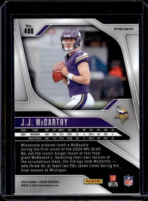 J.J. McCarthy 2024 Panini PrizmNeon Green Pulsar Rookie Minnesota Vikings 400 - Image 2