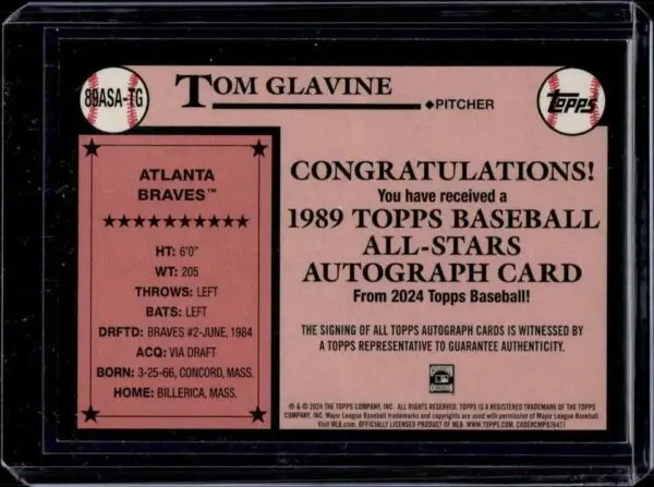 Tom Glavine 2024 Topps 1989 All Star Gold Auto /50 Atlanta Braves 89ASA-TG - Image 2