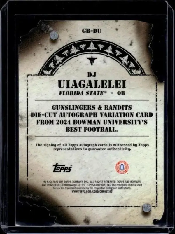 DJ Uiagalelei 2024 Bowman U Best Gunslinger Orange Geometric Auto /25 Florida State Seminoles - Image 2