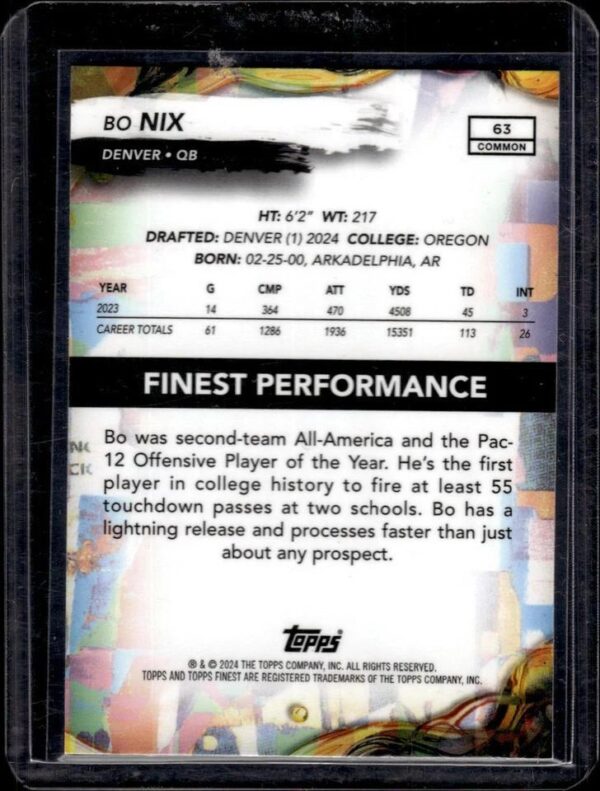 Bo Nix 2024 Finest Blue RC /200 Rookie Denver Broncos 63 - Image 2