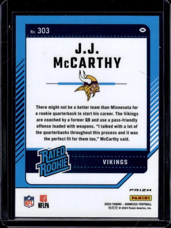 J.J. McCarthy 2024 Donruss Optic Rated Rookie Red Green Minnesota Vikings 303 - Image 2