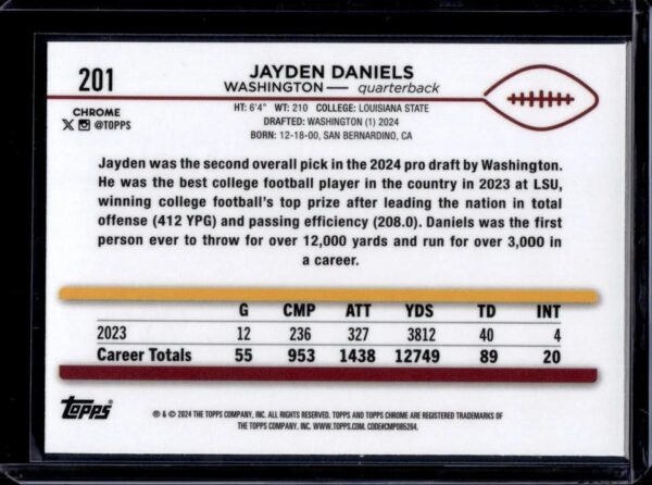 Jayden Daniels 2024 Topps Chrome Magenta Refractor /399 RC Washington Commanders 201 - Image 2