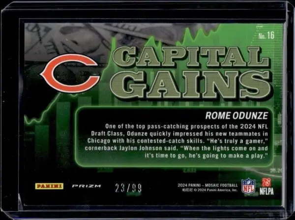 Rome Odunze 2024 Panini Mosaic Capital Gains Mosaic Blue /99 RC Chicago Bears 16 - Image 2