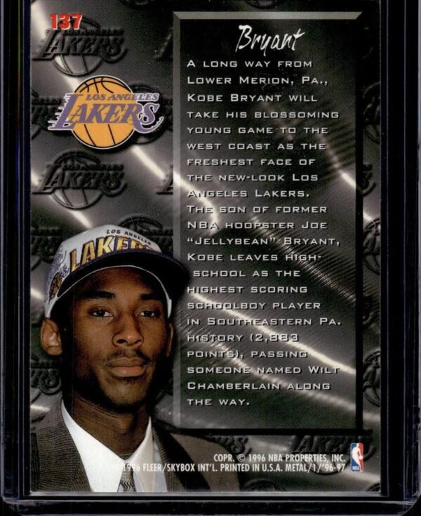 Kobe Bryant 1996-97 Metal Rookie Los Angeles Lakers 137 - Image 2