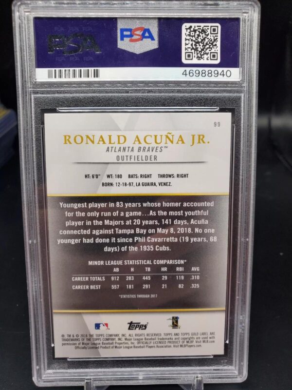 Ronald Acuna Jr 2018 Topps Gold Label Class 2 RC Atlanta Braves 99 PSA 10 - Image 2